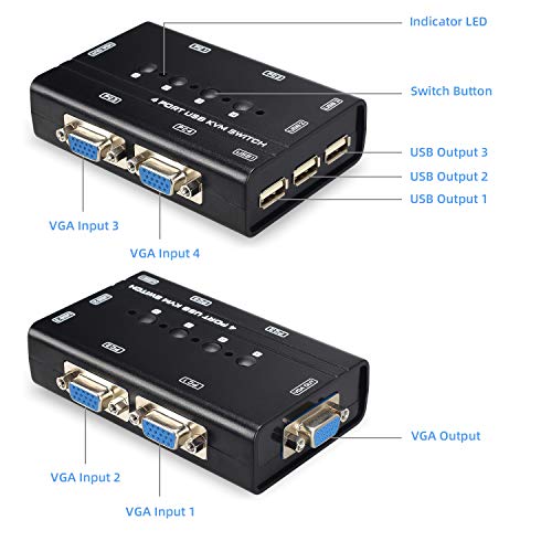 USB VGA KVM Switch with 4 Cables, 4 Port Selector Switcher for 4PC Sharing One Video Monitor and 3 USB Devices, Keyboard, Mouse, Scanner, Printer - Thumbnail 2