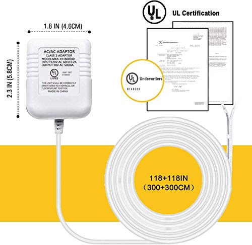 18 Volt UL Certified Power Adapter Transformer, Video Doorbell Power Supply Battery Charger With 3+3M Cable Compatible with Smart Video Doorbells, White