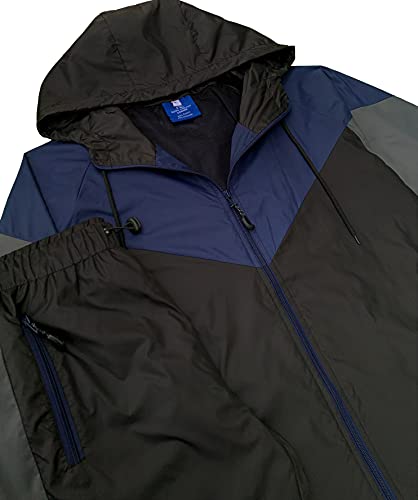 Royal Threads Canada Men’s Colorful Hooded Windbreaker Sweatsuit Meshed Lined Nylon Water Repellent Gym Outfit, Black-Navy-Grey #TOP1