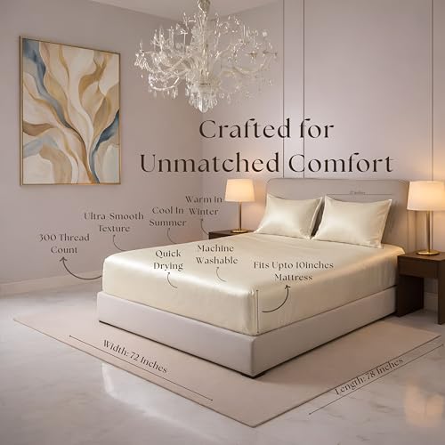 Image of Luxe Ere Elastic Fitted Satin Bedsheet Queen Size (78x60) with 2 Pillow Covers, Ultra-Smooth 300TC Silky Fabric, Perfect for Home Decor, Gifting & Romantic Escapes-Classic Ivory