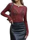 KTILG Mesh Sparkle Top Women Glitter Shirts Long Sleeve See Through Blouses Sheer Tee Shirt Party Clubwear Wine Red XXL