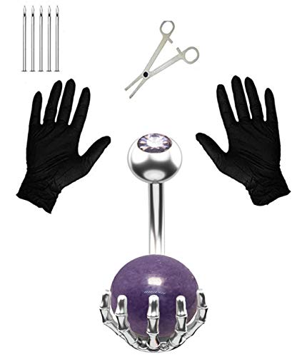 Jconly Belly Button Piercing Kit - 14G Stainless Steel Navel Rings Skull Hand with Gem Ball Belly Button Rings with Piercing Needles Piercing Clamp?Purple?