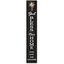 Bidesign 48x8IN Tall God Bless Our Home With Love And Laughter Welcome Vertical Sign For Front Door Porch Standing Farmhouse Hanging Cross Wall Sign For Home Yard Garden Long Porch Decor Decorations