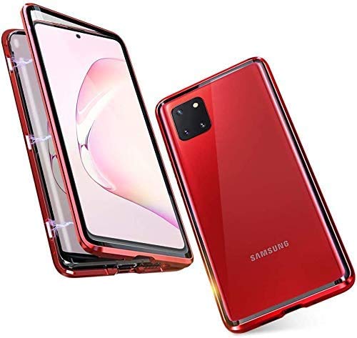 AestCase for Samsung Galaxy A21S Magnetic Adsorption Case, 360 Degree Shockproof Front and Back Transparent Tempered Glass Metal Frame Cover Case – Red
