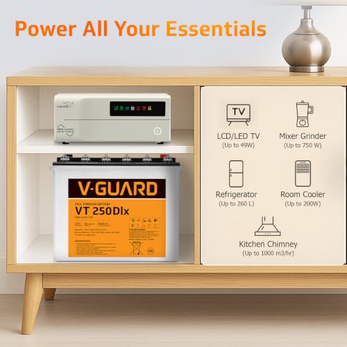 Image of V-Guard Inverter & Battery Combo (Prime 1150 Mili Pure Sine Wave 1000VA /12V Inverter, VT 250 DLX 230Ah Tall Tubular Battery) for Home, Office & Shops