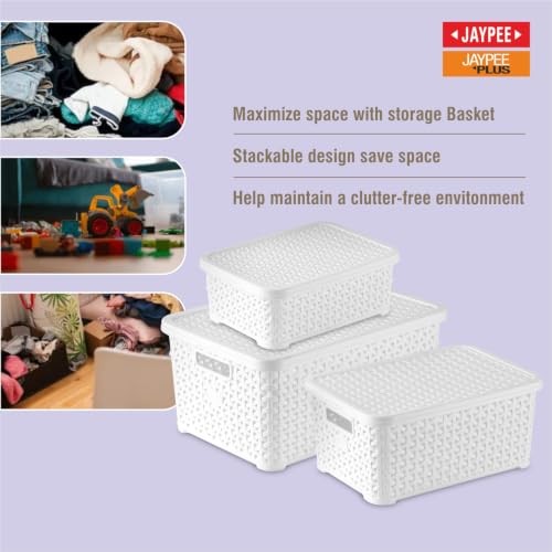 Image of Jaypee Plus Keep all 3 Plastic Storage Basket Organizers With Lid For Kitchen,Fridge, Office Wardrobe, Stationery, Household, Toys & Multipurpose use Pack of 3 Durable Box, White