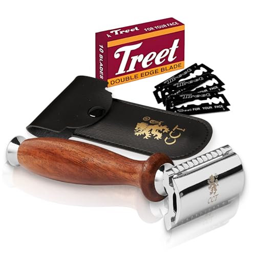 The Cambridge Cutthroat Maquinilla de Afeitar de Seguridad para Hombre Double Edge Safety Razor en Acero Inoxidable con Mango de Madera Missanda, con diez cuchillas y estuche de viaje