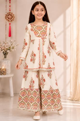 Image of Preneum Girls's Cotton Rayon Gota Pati Multi Floral Printed Angrakha Kurta with Sharara & Dupatta