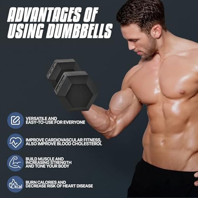 MADOG Hex-Dumbbell, Rubber Coated Cast Iron Dumbbell, Hand Weights With Anti-Slip Grip, 30-50 LBS, Single