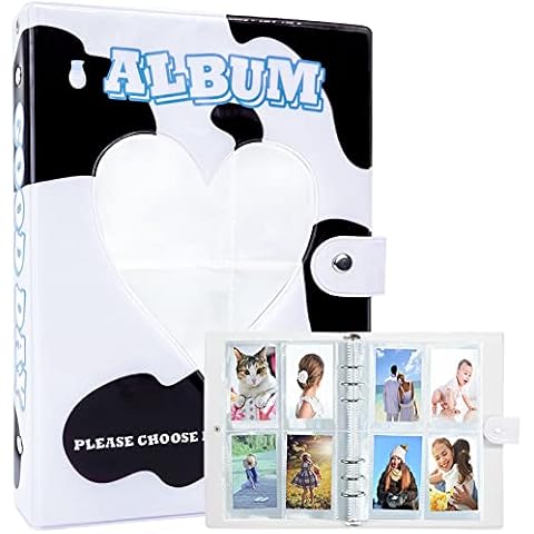 SZHTSWU A5 Binder Kpop Photocard Album with 25 Pcs Inner 200 Pockets 3 Inch Photo Album Sleeves Refillable 6 Rings Love Heart Hollow Photocard Holder Book for Picture Cards Storage (Dairy Cow) Cover