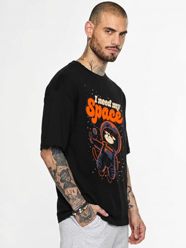 Image of LEOTUDE Half Sleeve Oversized Cottonblend Round Neck Drop Shoulder Printed Men's T-Shirt (Color Black)