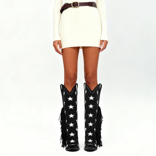 Yolkomo Cowboy Boots for Women Black Knee High Cowgirl Boots with Fringe Tassels Rhinestones Stars Square Toe Chunky Low Heel Distressed Western Suede Fringe Booties for Riding Boho Dressy Size 8 - Thumbnail 7