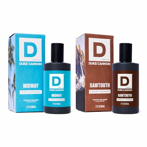 Duke Cannon Supply Co. Midway & Sawtooth Mens Cologne Duo Fresh Citrus Marine and Crisp Alpine Cedarwood Long-Lasting Eau de Parfum Set Masculine Everyday Fragrance Kit 1.7 Fl Oz.