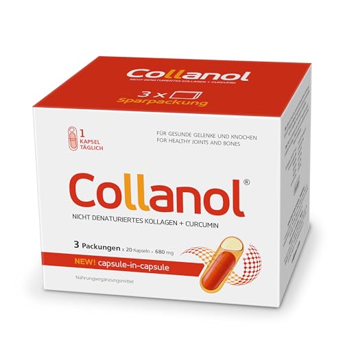 Collanol – Innovation in der Pflege gesunder Gelenke Flüssige Formel in einer Doppelkapsel 3D- Kollagen + Mizell-Extrakt von Curcumawurzeln 1 Kapsel/Tag. Laborgeprüft (60 Kapseln)