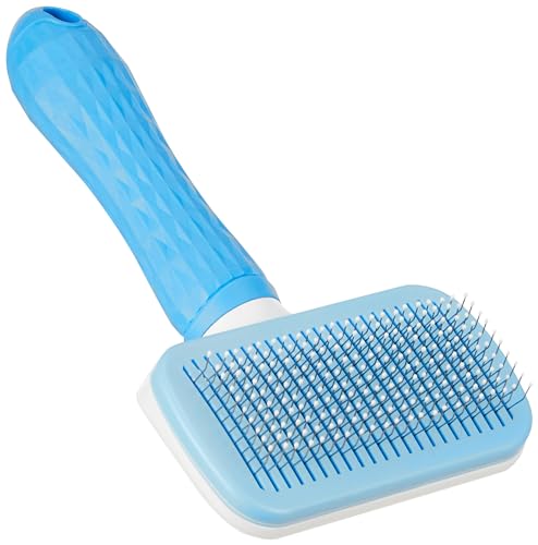 Image of Amazon Basics Self Cleaning Slicker Pet Grooming Brush|Pet Cleaning Tool Suitable for All Pets|Rectangular Shape with Amazon Basics Stainless Steel Printed Pet Bowl|Pack of 2|700 ML Each