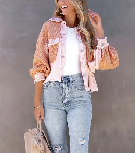 Womens Cropped Waffle Knit Shirt Jacket Long Sleeve Button Down Boyfriend Shacket Jacket Tops3