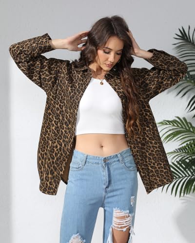 Kedera Women’s Leopard Print Jean Jacket Cheetah Print Denim Bomber Jacket Button Down Shacket Coat4