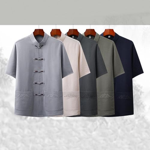 Cambkatl Men's Short Sleeve Kung Fu Shirts Chinese Traditional Tai Chi Mandarin Collar Frog-Button Shirt2