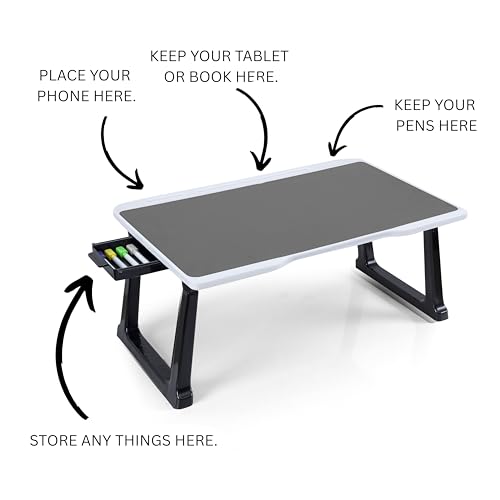 Image of Portable Laptop Table for Study & Writing | Foldable Bed Table with White Bidding Finish | Scratch Resistant Wooden Top | Heavy Duty Rust-Free Legs | Multipurpose Study Desk with Drawer (Grey)