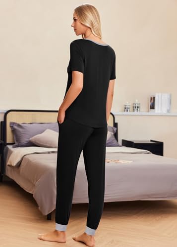 Image of Ekouaer Pajamas for Women Set 2 Piece Fall Lounge Sets Short Sleeve Pjs Joggers Long Pants Sleepwear with Pockets