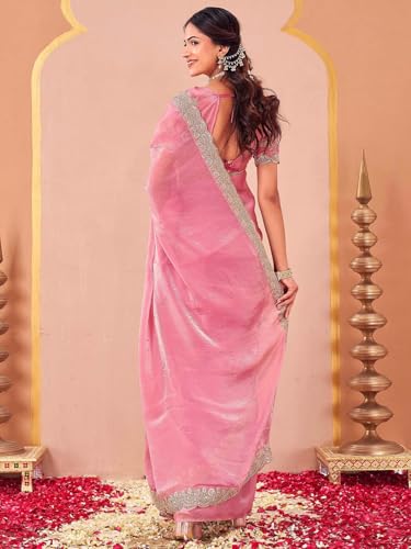 Image of SIRIL Women's Tissue Silk Sequins Embroidery Saree with Unstitched Blouse Piece