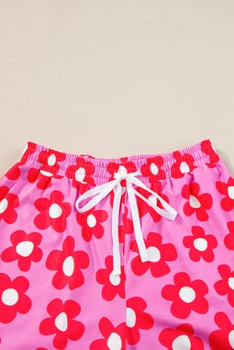 Image of KevaMolly Women Floral Notch Collar 2 Piece Holiday PJ Set | Print Short Sleeve Top, Drawstring Soft Vacation Sleep Shorts