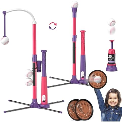 QDRAGON 4 in 1 Tball Set for Toddlers 3-5 with Toss and Catch Ball Set / 2 Bats, Hanging Tee Ball Stand with Auto Pitching Machine, Indoor Outdoor Sport Toys Games Christmas Birthday Gifts for Girls Cover