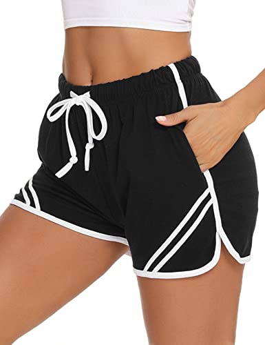 Litherday Shorts Mujer Verano Algodón Pantalones Cortos Deportivos con Cordón y Bolsillos Ropa Deportiva Mujer para Yoga Fitness Jogging Casa Negro M