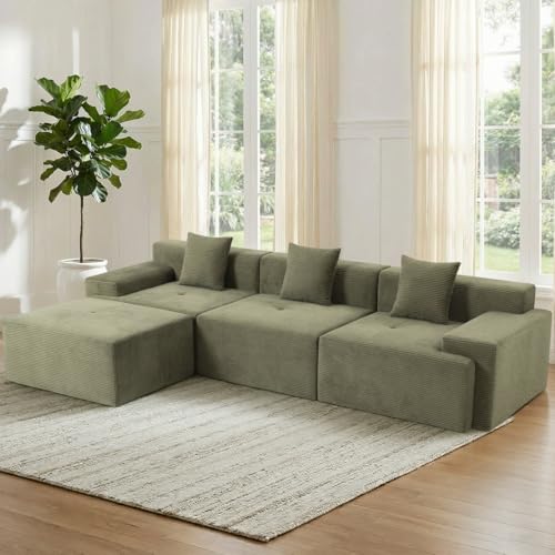 Image of 119'' Modular L-Shaped Boneless Sectional, Corduroy Deep Seat Cloud Sectional Couch, Small Space Sofa for Apartment Living Room Bedroom, No Assembly, Green