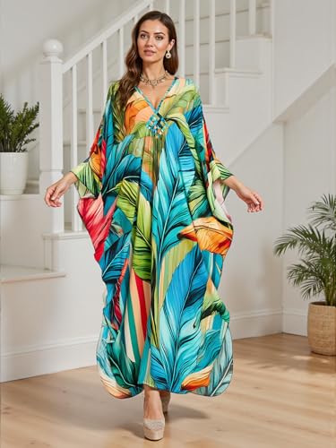 Image of IMAGEKOPE Women's Plus Size Animal Print V-Neck Batwing Kaftan Beach Dress Bathing Suit Cover-Up Loungewear