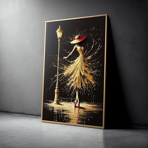 Tableau sur toile haut de gamme femme au chapeau rouge et or