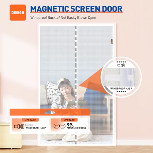 Image of MAGZO Screen Door Magnetic Fits Door Size 48 inchx 80 inch, Hands-Free Mesh White | 50 inch x 81 inch Magnetic Screen Door Mesh & Windproof Fastener, Pet Friendly Entry Door Screen Magnetic Closure