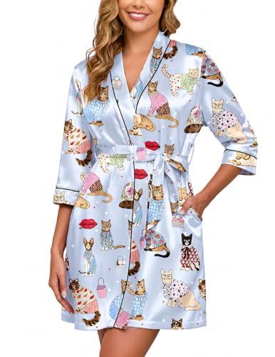Image of Veseacky Robes for Women Short Robes with Pockets Spa Robe for Women Bridesmaid Bride Party Satin Robe Sleepwear