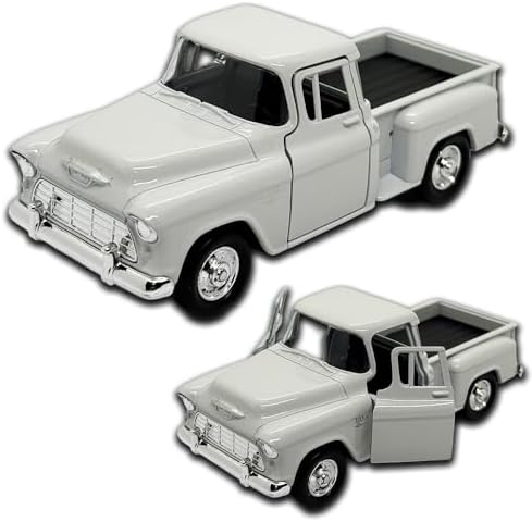 Miniatura de carro Chevrolet Stepside 1955 em Metal, com fricção, pneus em borracha, abertura de portas laterais, 12 CM, 1/32, Resistente a quedas (Branca)