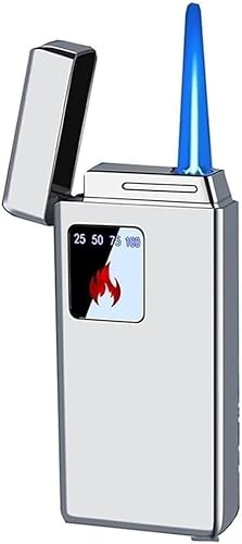 Butane Lighter, Touch Switch, Blue Flame, Digital Battery, Reusable, USB Rechargeable. Gift for Men(Silver)