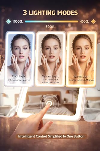 Lighted Makeup Vanity Mirror, Height Adjustable Trifold Mirror with Seamless Light Strip, 1X/2X/3X/10X Magnification, 2000mAh Rechargeable Desk Mirror, Dimmable 3 Color Lighting, Gifts for Mom Women