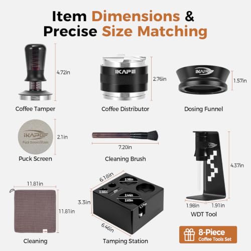 Image of IKAPE 53MM Black Espresso Tool Set 8 IN 1, Coffee Tamper, Distributor, Magnetic Funnel, Puck Screen, Tamper Station, Stirrer Distribution Tool, Cleaning Towel and Brush
