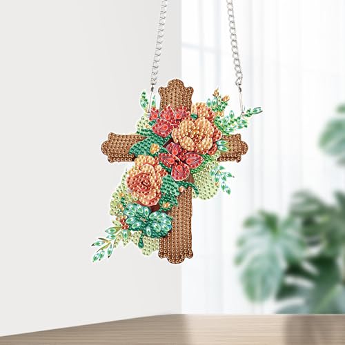 Image of 5D DIY Acrylic Cross Diamond Painting Pendant Kit, Floral Special Shaped Rhinestones Hanging Ornament, Diamond Art Hanging for Adults, Decorative Window, Wall or Door, Handmade Home and Holiday Gift