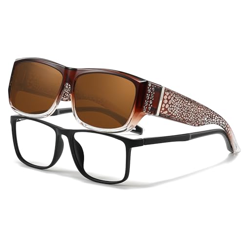 Trysee Sunglasses Over Glasses for Women with Rhinestone Rectangle Fit Over Glasses UV Protection for Driving TS4204