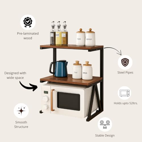 Image of 2-Tier Microwave Oven Stand - Heavy-Duty Black Metal DIY Kitchen Rack with Hooks - Rust-Proof, Space-Saving Organizer for Microwave, Air Fryer, Mixer & Utensils