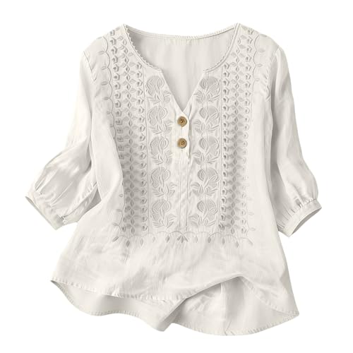Boho Cotton Linen Tops for Women Embroidered Peasant Blouses Lightweight