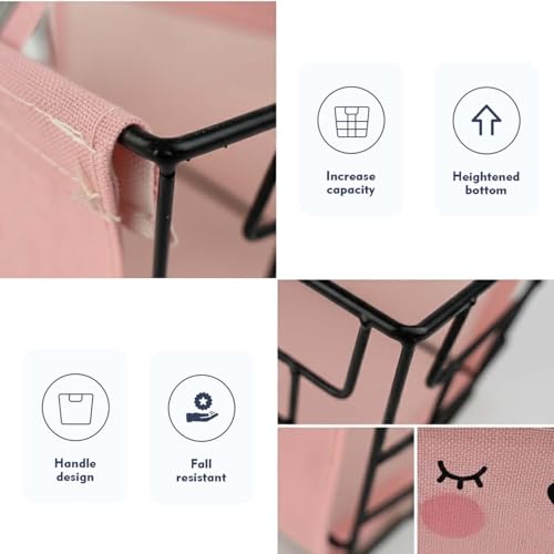 Image of Go Hooked Cute Pink Animal Design Storage Basket for Kids | Strong Metal Wire Organizer with Detachable Fabric Liner | Multipurpose Basket for Toys, Fruits, Snacks, Bathroom, Wardrobe & Home Decor