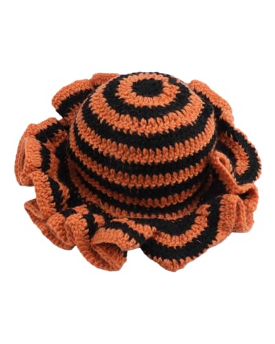 Image of Women Crochet Bucket Hat Cute Winter Ruffled Brim Floppy Cap Handmade Knit Cloche Hats