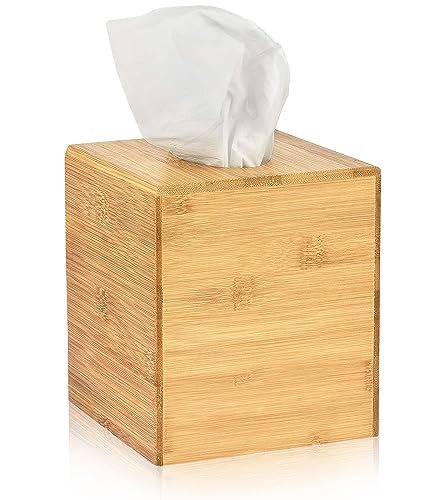 Alpine Industries Wooden Bamboo Square Tissue Box Cover - Eco Friendly Pull Cube Dispenser - Decorative Holder/Organizer for Bathroom, Office Desk & Car (Bamboo)
