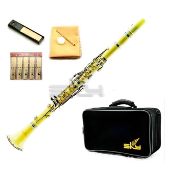 SKY Yellow ABS Student Bb Clarinet with Case, Mouthpiece, 11 Reeds