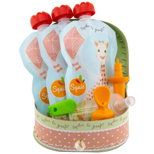 SQUIZ - Entreprise Française - Mini-coffret cadeau Sophie La Girafe de 3 Gourdes Réutilisables et Rechargeables 130ml sans BPA + Accessoires bébé Cover