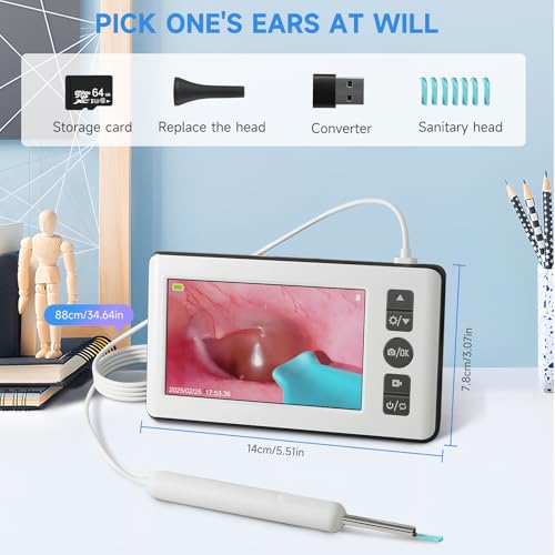 Ohrenreiniger Kamera, 4,3 ’’ 1080p HD Professionelle Ohrenschmalz Entferner Otoskop mit 6 LED-Endoskop, 3,5mm Ohr Kamera mit 64G Kinder- und Erwachsenenkarte, Plug -and -Play