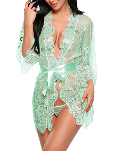 Avidlove Negligee Lingerie Laungera Women's Lace Kimono Robe Babydoll Lingerie Mesh Nightgown Green M