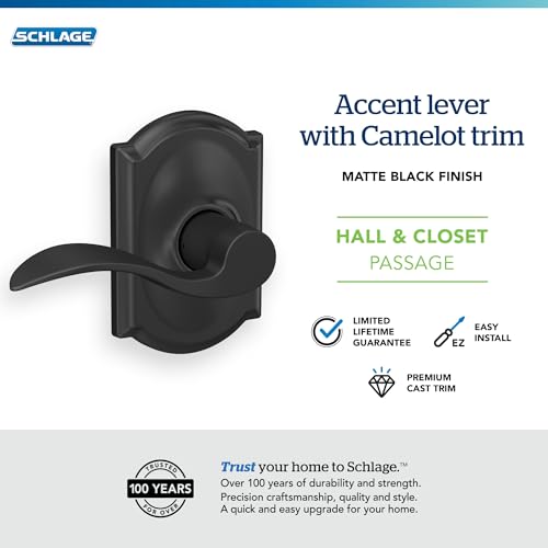 Image of Schlage F10 ACC 622 CAM Accent Door Lever with Camelot Trim, Hall & Closet Passage Lock, Matte Black
