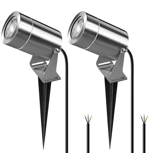 JNR Spot LED en acier inoxydable pour jardin avec piquet IP65 Lampe de jardin étanche avec ampoule 5W GU10 3000K Câble de 2 m Sans prise Éclairage...